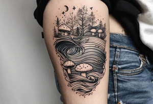 lots of empty space with simple line of icons down the back of the arm. there are four icons in this order:

1. a music note on a staff
2. a wave of water
3. a pocket
4. mushroom tattoo idea