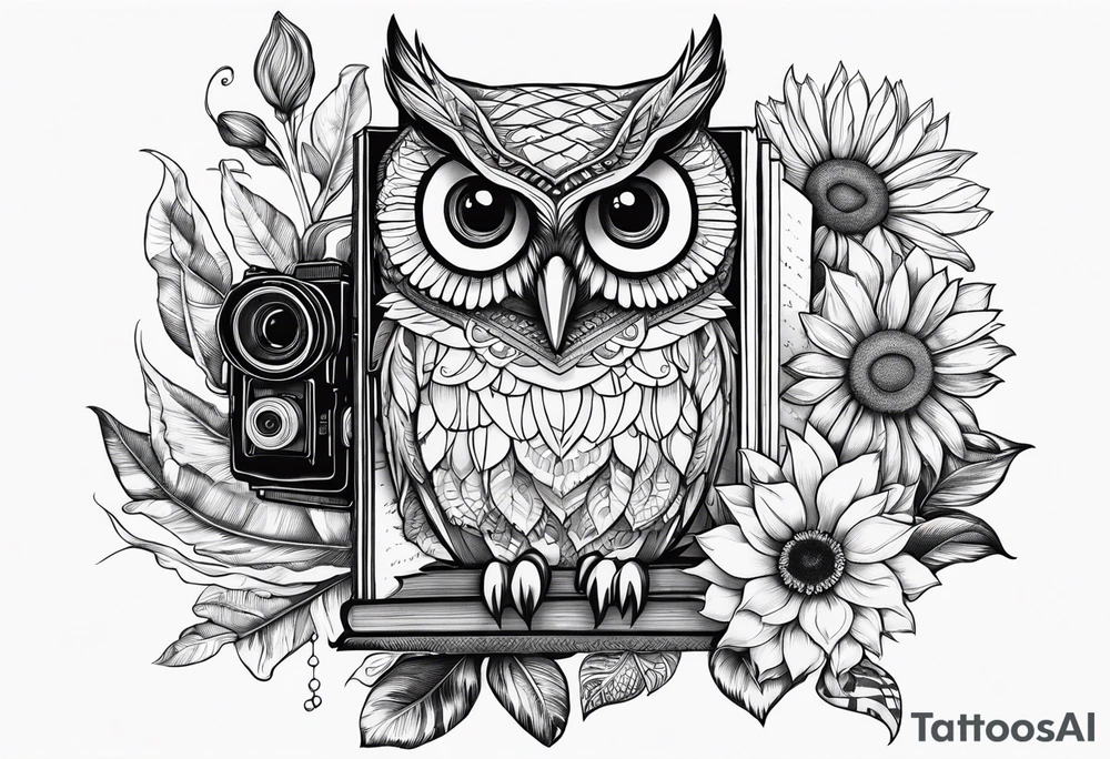 Owl, sunflower, camera, book, peacock tattoo idea