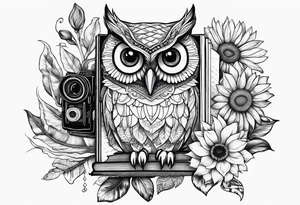 Owl, sunflower, camera, book, peacock tattoo idea