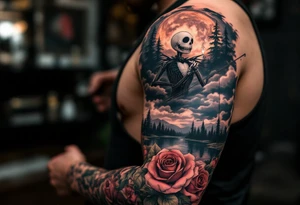 jack skellington fishing at river,smoking, roses, cloudy sky, pine trees tattoo idea