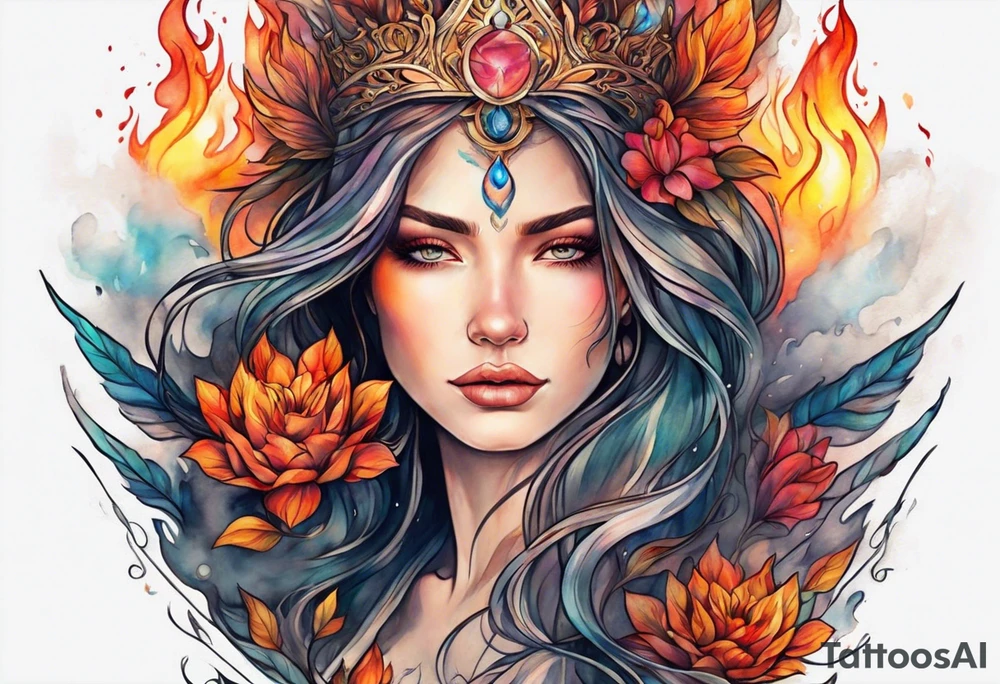 Resurrection strength and courage overcoming trauma Beautiful Woman leaving a world of fire, chaos and fear  to inner peace and self-love  ethereal tattoo idea