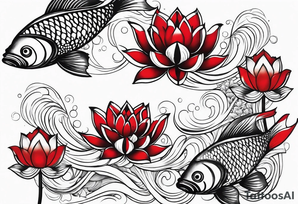 twin coi fish one red one black with waves and lotus flowers tattoo idea