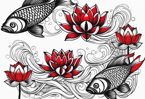 twin coi fish one red one black with waves and lotus flowers tattoo idea