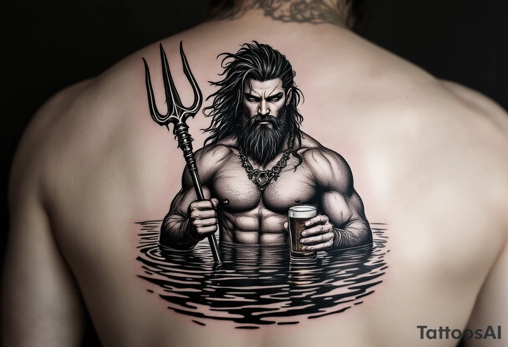 young, fit poseidon in calm water, holding a trident, holding a beer, looking at you tattoo idea