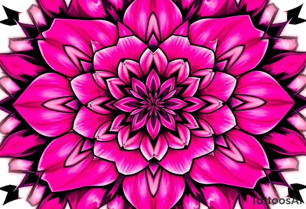 The pink rose appears as if viewed through a mesmerizing kaleidoscope, with its delicate petals radiating outward in a perfectly symmetrical, fractal-like pattern. Shades of soft blush and vibrant magenta blend seamlessly, creating a hypnotic, almost surreal visual effect that draws the eye deeper into its intricate layers. The petals seem to fold and reflect infinitely, forming geometric shapes that shift and transform, giving the rose an ethereal, dreamlike quality. tattoo idea