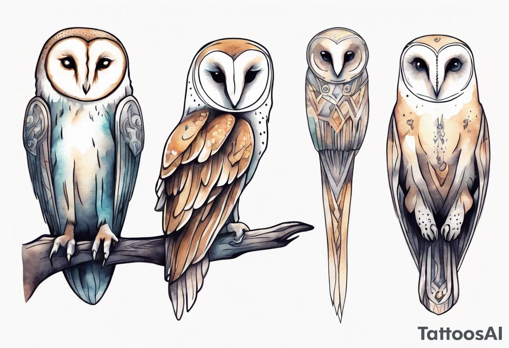 a thin creature with the head of a barn owl and long legs walking at night tattoo idea