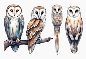 a thin creature with the head of a barn owl and long legs walking at night tattoo idea