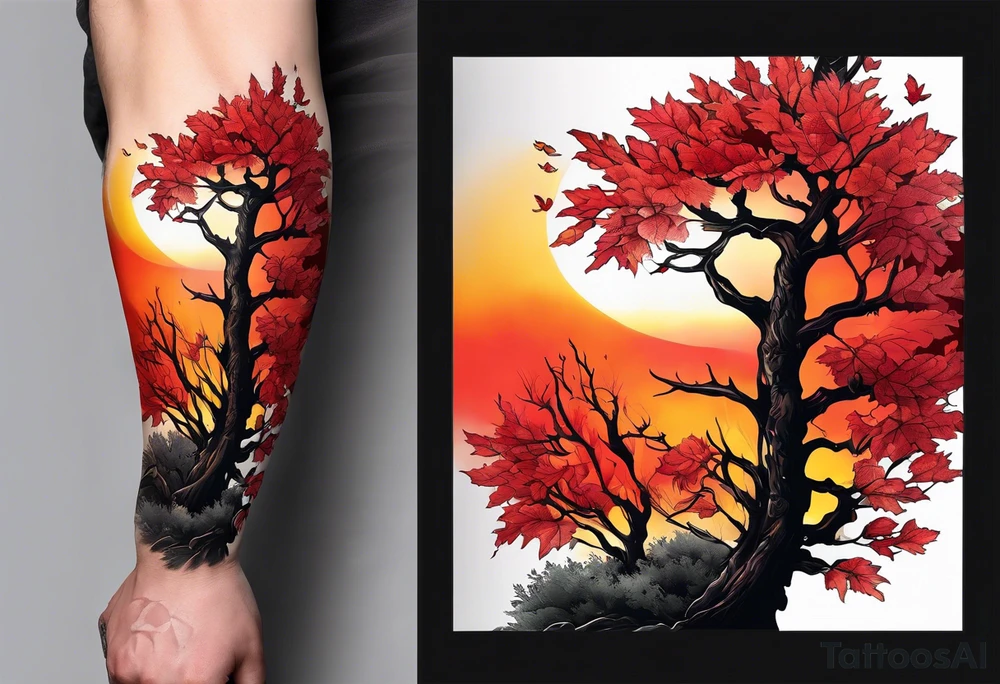 Full arm sleeve hikae. A maple tree with red autumn leaves that branches upwards. White-throated dipper bird on the trees branches. Calluna flowers at the base of the trees stem. Tree stem has dark colors. Red/yellow sunset behind the trees stem. Leaves falling. tattoo idea