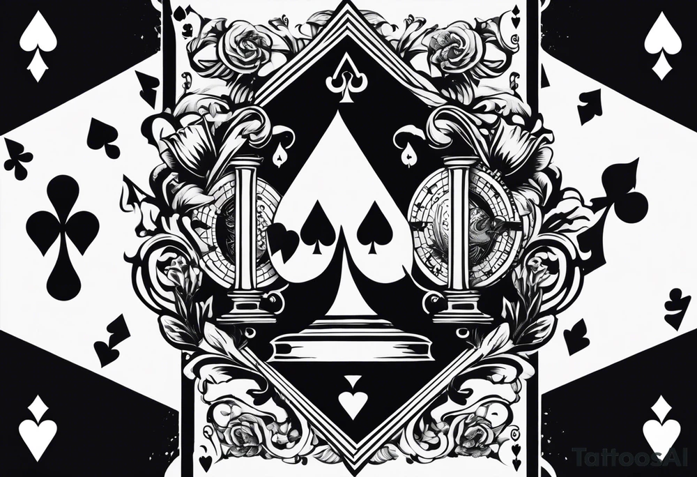 A black-and-white tattoo featuring a deck of playing cards falling mid-air, with a joker card prominently displayed at the center to symbolize unpredictability and chaos in life. The cards are scattered, some face-up, some face-down, representing chance and fate. A small hourglass is incorporated at the base of the design, symbolizing the passage of time. The tattoo uses bold lines and shading to create depth and contrast, keeping the design entirely black and white tattoo idea