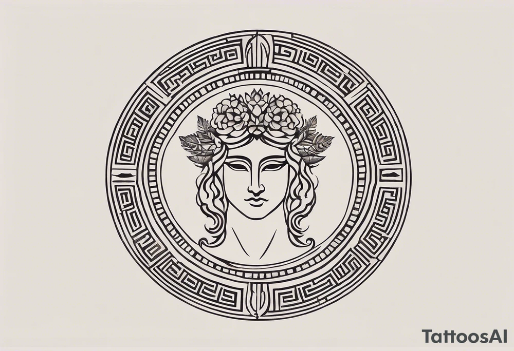 "Design a minimalist round tattoo inspired by ancient Greek art, centered around Dionysus and his love for theater. Create a circular composition with Dionysus depicted in the center, holding a theatrical mask and a goblet of wine. Surround him with simple yet symbolic elements such as geometric patterns reminiscent of ancient Greek pottery. Ensure the design maintains a minimalist style, with clean lines and limited detail, while capturing the essence of Dionysus's affinity for both wine and theater within the circular frame." tattoo idea