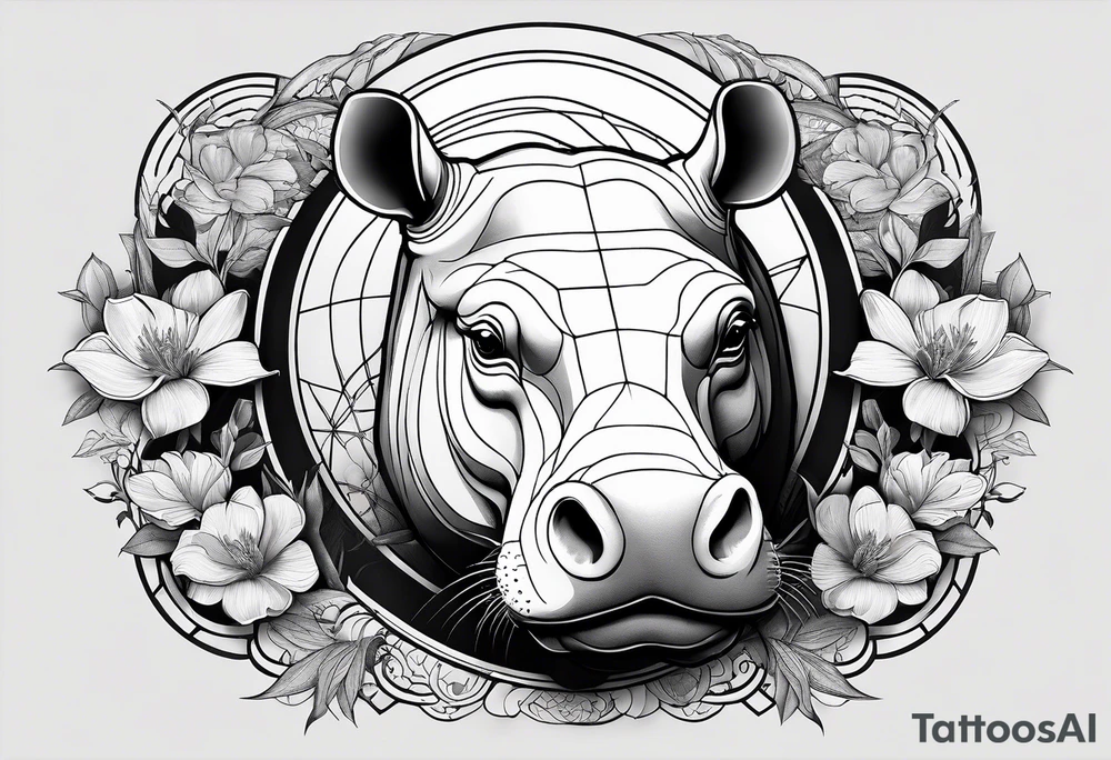 Very asymmetrical, +geometric pattern, with realistic full moon, with seeious looking hippo,,
with wintersweet flower bud, +portrait orientation, +inkart touch, tattoo idea