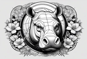 Very asymmetrical, +geometric pattern, with realistic full moon, with seeious looking hippo,,
with wintersweet flower bud, +portrait orientation, +inkart touch, tattoo idea
