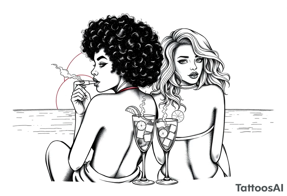 Two females One of the females is dark skin with Curly puffy hair The other girl is light skin and has wavy hair, sitting in front of a sunset on the beach, smoking a blunt with margarita glasses next to them tattoo idea