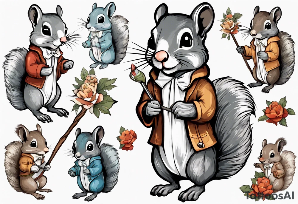 a grey squirrel dressed in a tunic holding a large white stick tattoo idea