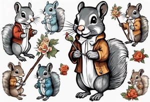 a grey squirrel dressed in a tunic holding a large white stick tattoo idea