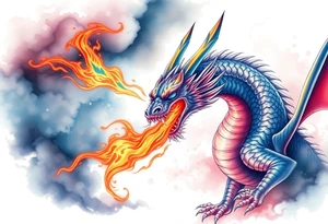 fierce dragon breathing iridescent fire against stormy skies tattoo idea