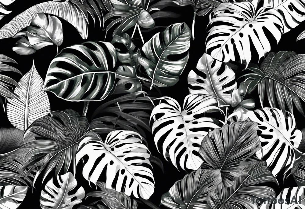 I want a monochrome tattoo in black gradients featuring a snake subtly hidden among the leaves of Raphidophora and Monstera. The snake should be coiled and partially visible, blending harmoniously with the detailed, large leaves of the plants. The Monstera leaves should have natural holes, while the Raphidophora leaves should be long and pointed. The overall style of the tattoo should be realistic, with shading and black gradients to create an elegant and mysterious effect."out thé tatoo on a black arm tattoo idea