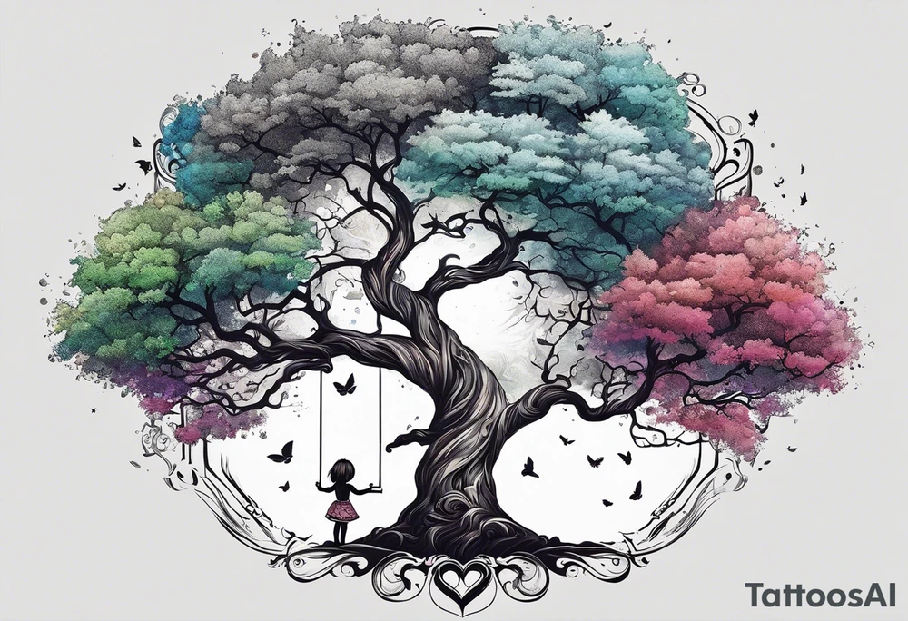 little girl swinging under a tree of life tattoo idea