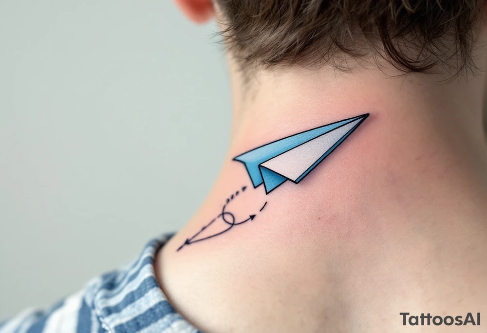 A cartoon-style paper airplane in soft grey and baby blue, trailing a banner with the birthdate 08. 12. 2022. tattoo idea