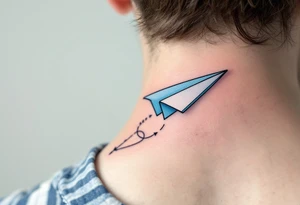 A cartoon-style paper airplane in soft grey and baby blue, trailing a banner with the birthdate 08. 12. 2022. tattoo idea