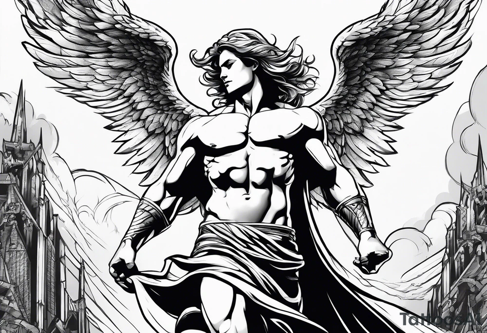 Angel in the pose of a superhero landing tattoo idea