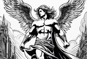Angel in the pose of a superhero landing tattoo idea
