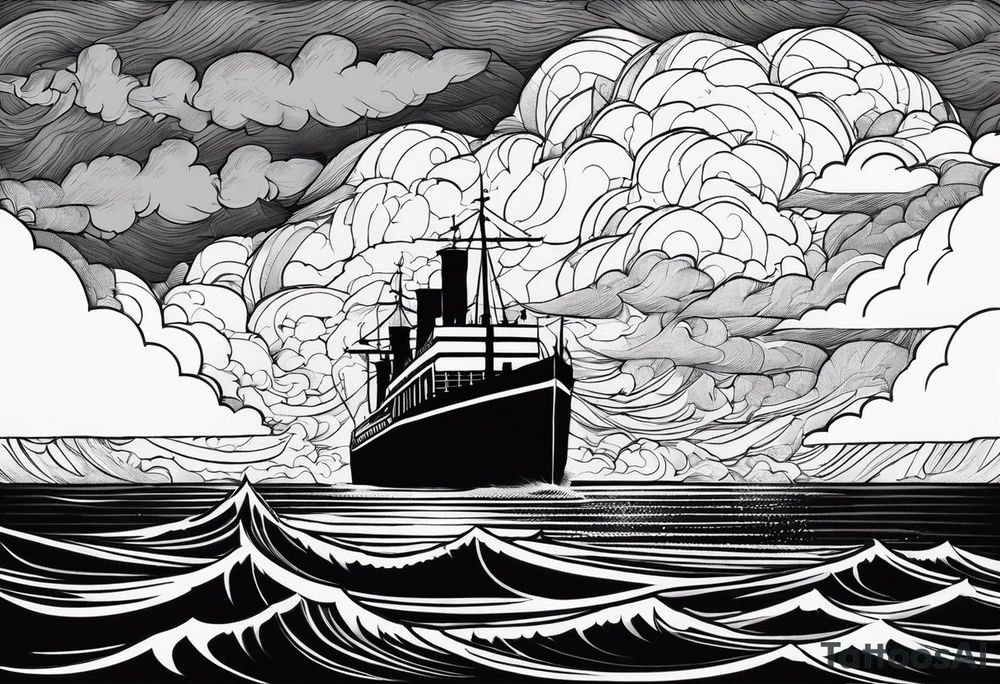 storm clouds with lightning surrounding a ship tattoo idea