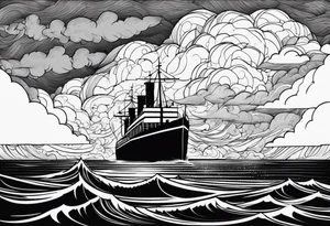 storm clouds with lightning surrounding a ship tattoo idea