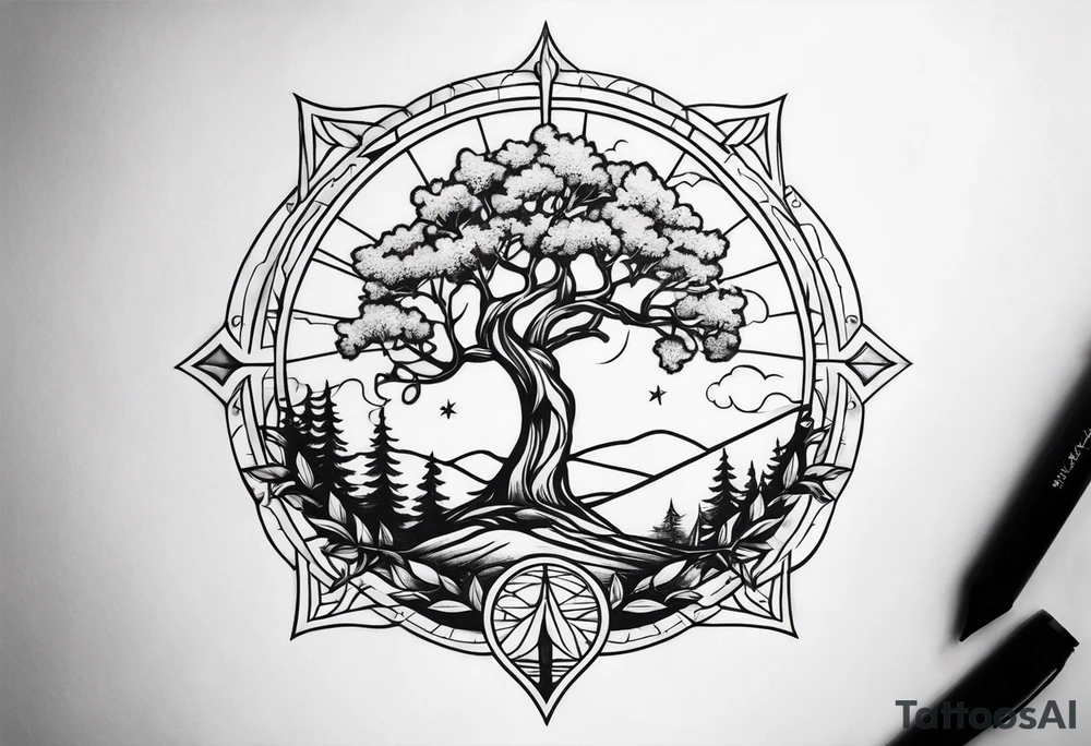 Tree and windrose tattoo idea