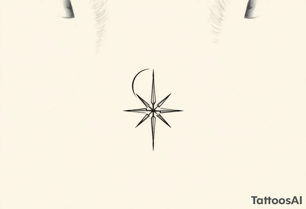 A minimalist crescent moon neck tattoo positioned just behind the ear. The crescent moon is thin and curves to the left. A sharp vertical line extends downward from the inner curve of the moon, intersecting with a symmetrical starburst shape at the center of the line. The starburst has four points — the top and bottom points are elongated, while the horizontal points are shorter, giving it a sleek and modern look. The design features clean, thin lines with a slightly hand-drawn feel, combining celestial and geometric elements. The tattoo follows the natural curve of the neck, giving it an elegant and balanced appearance. tattoo idea