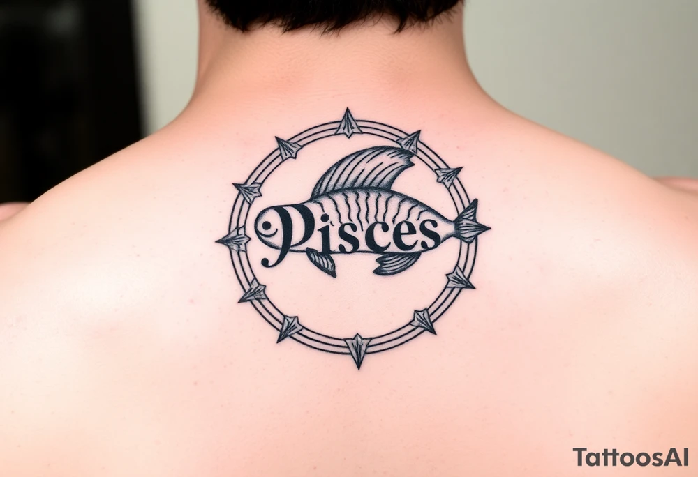 unique zodiac sign around the word “Pisces” tattoo idea