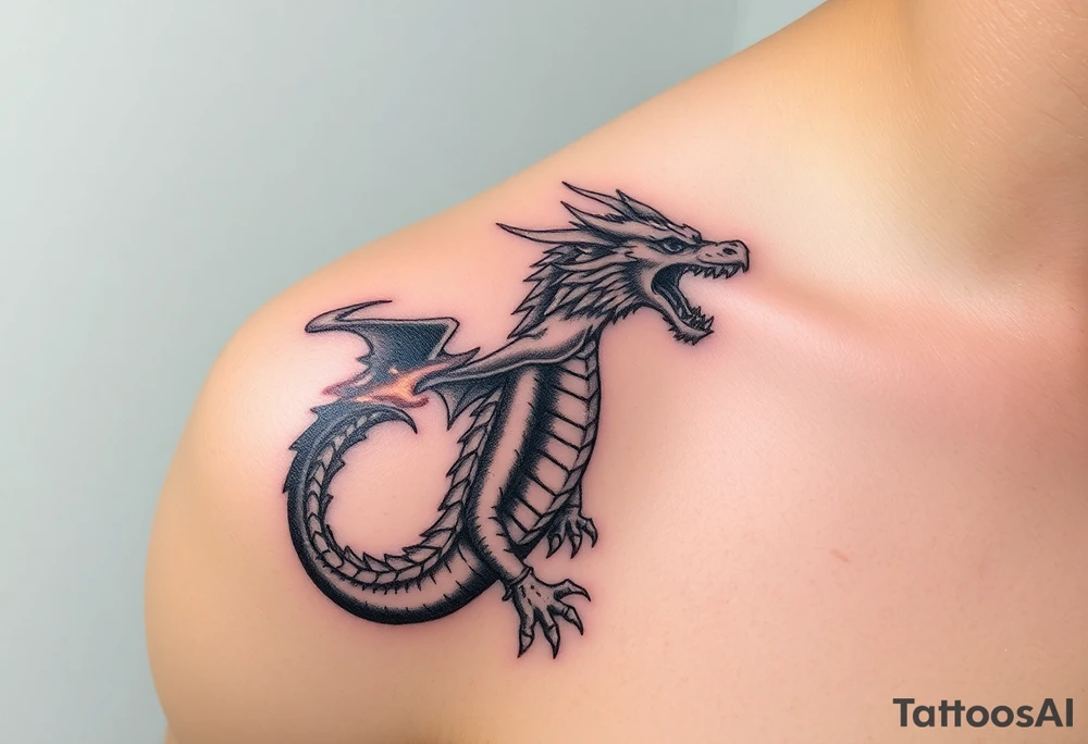 fierce dragon breathing iridescent fire against stormy skies tattoo idea