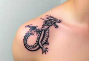 fierce dragon breathing iridescent fire against stormy skies tattoo idea