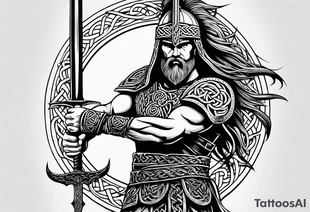 Side facing full body shot of Celtic warrior with weapon unsheathed. tattoo idea