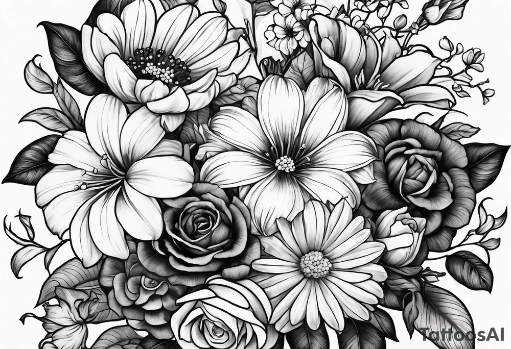 Bouquet of roses, violets, chrysanthemums, morning glories, and lily of the valley tattoo idea