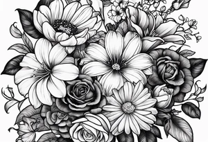 Bouquet of roses, violets, chrysanthemums, morning glories, and lily of the valley tattoo idea