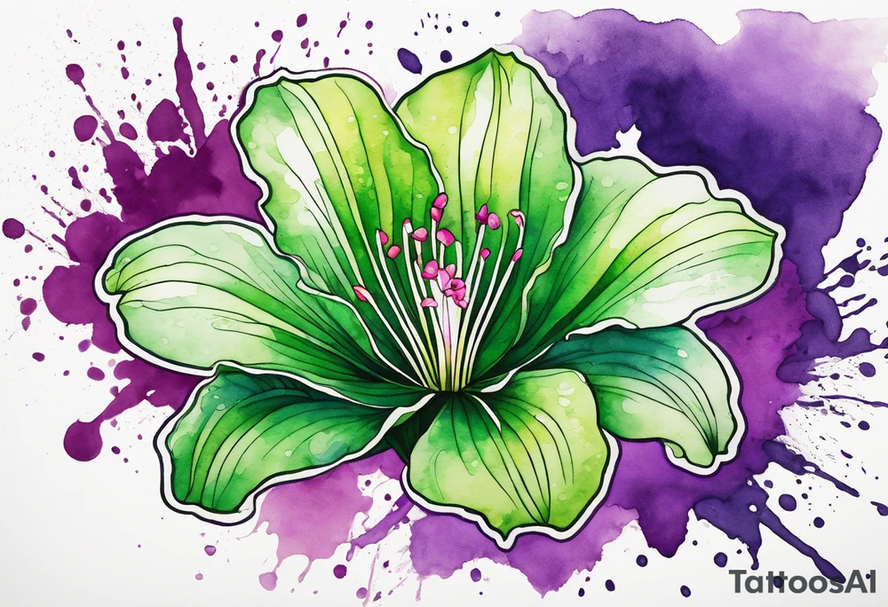 An outline of a green rio dipladenia flower and a green/purple watercolor splash in the background tattoo idea