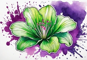 An outline of a green rio dipladenia flower and a green/purple watercolor splash in the background tattoo idea