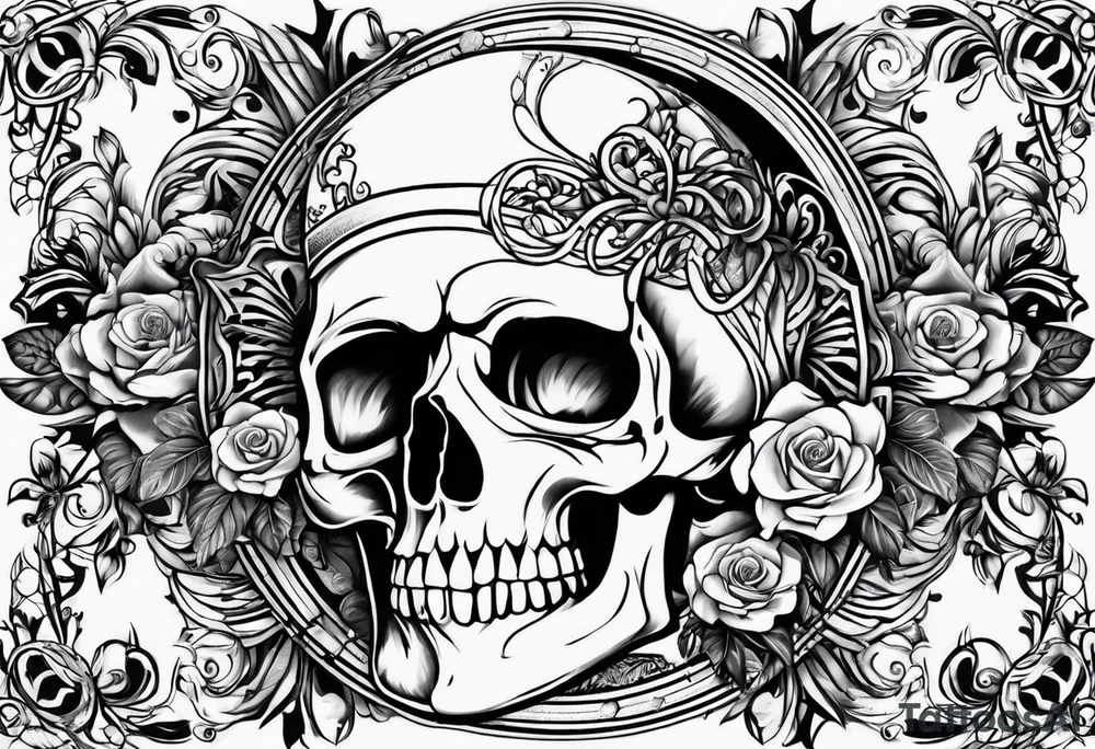 Memento mori written skull sleeve tattoo design tattoo idea