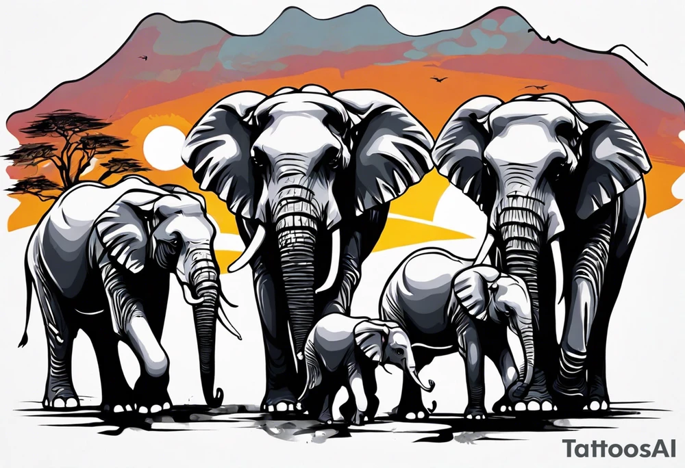family of 6 elephants walking into sunset after one of them has died tattoo idea