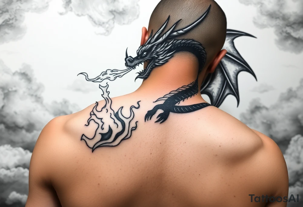 fierce dragon breathing iridescent fire against stormy skies tattoo idea