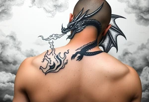 fierce dragon breathing iridescent fire against stormy skies tattoo idea