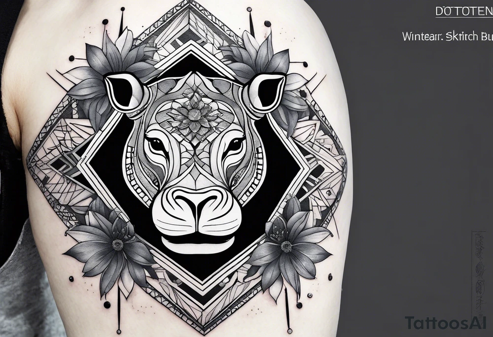 Very asymmetrical, +geometric pattern, with realistic full moon, with hippo,+tribal, +geometric, +inkart , +blackwork, +grey scale, + sketch
with wintersweet flower bud, +inkart touch, +for men, detailed , combined favourite , tattoo idea