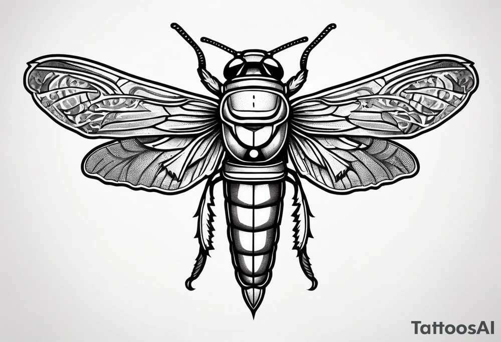 Cicada stippled and shaded with a sword behind it tattoo idea