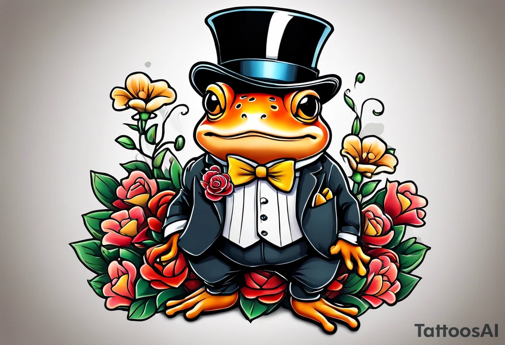 Cute toad standing on back legs  in a top hat and a formal suit holding flowers to go on a date tattoo idea