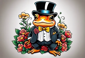 Cute toad standing on back legs  in a top hat and a formal suit holding flowers to go on a date tattoo idea