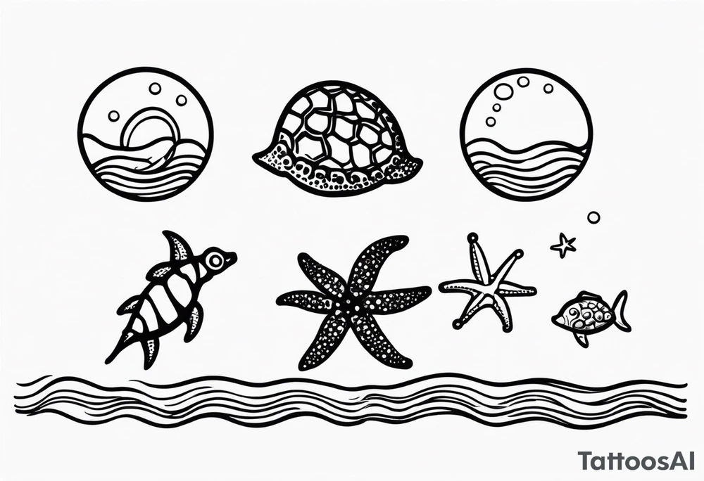 Small Starfish, Seahorse and turtle in a vertical line with bubbles tattoo idea Small Starfish, Seahorse and turtle in a vertical line with bubbles tattoo idea