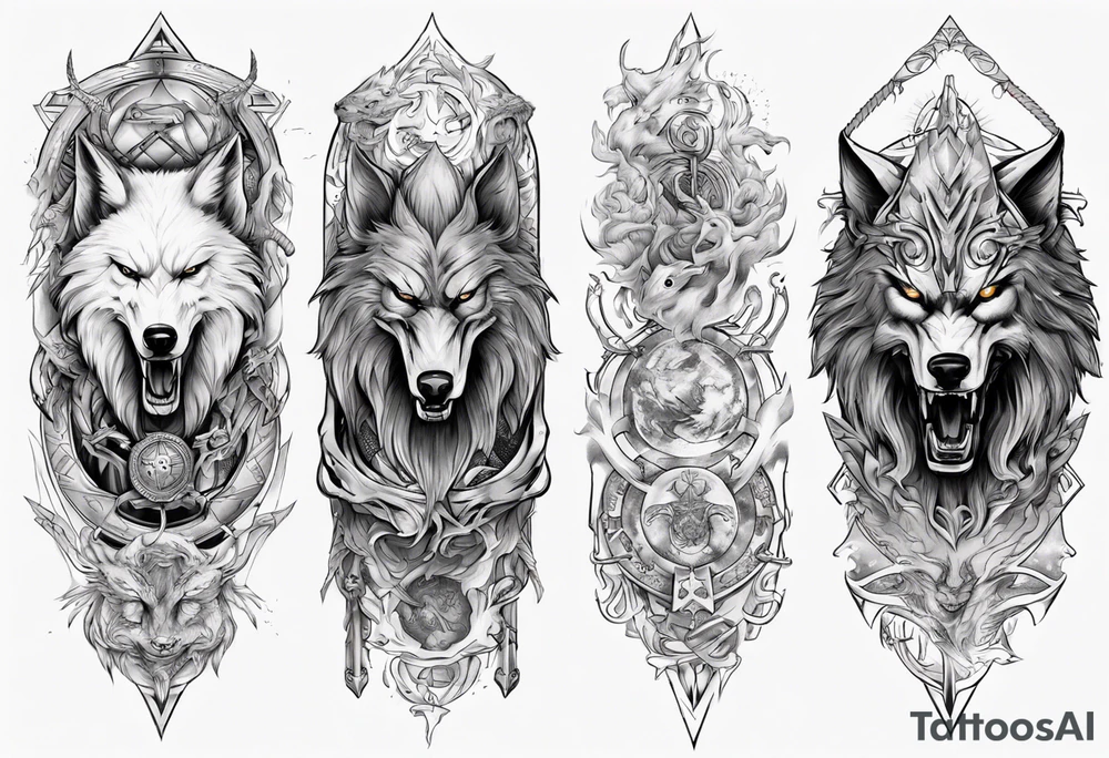 Upper arm sleeve with Odin and Fenrir tattoo idea