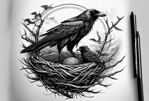 raven and osprey sharing nest tattoo idea