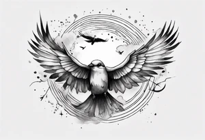 a shoulder round shape tattoo with lots of rays of light in gradient starting from the middle, birds flying free between clouds tattoo idea